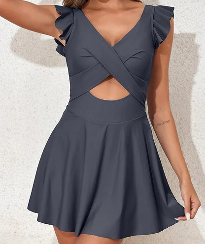 Casual Solid One Piece Swimsuit Women Sexy V Neck Cross Ruffles Bathing Suit Skirt 2025 New Summer Swimming Swim Suit Beachwear