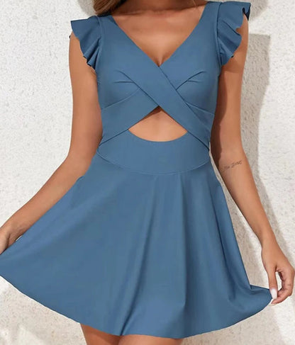 Casual Solid One Piece Swimsuit Women Sexy V Neck Cross Ruffles Bathing Suit Skirt 2025 New Summer Swimming Swim Suit Beachwear